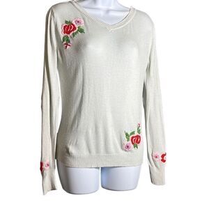 Tulle Elbow Patch Floral V-Neck Sweater Size M